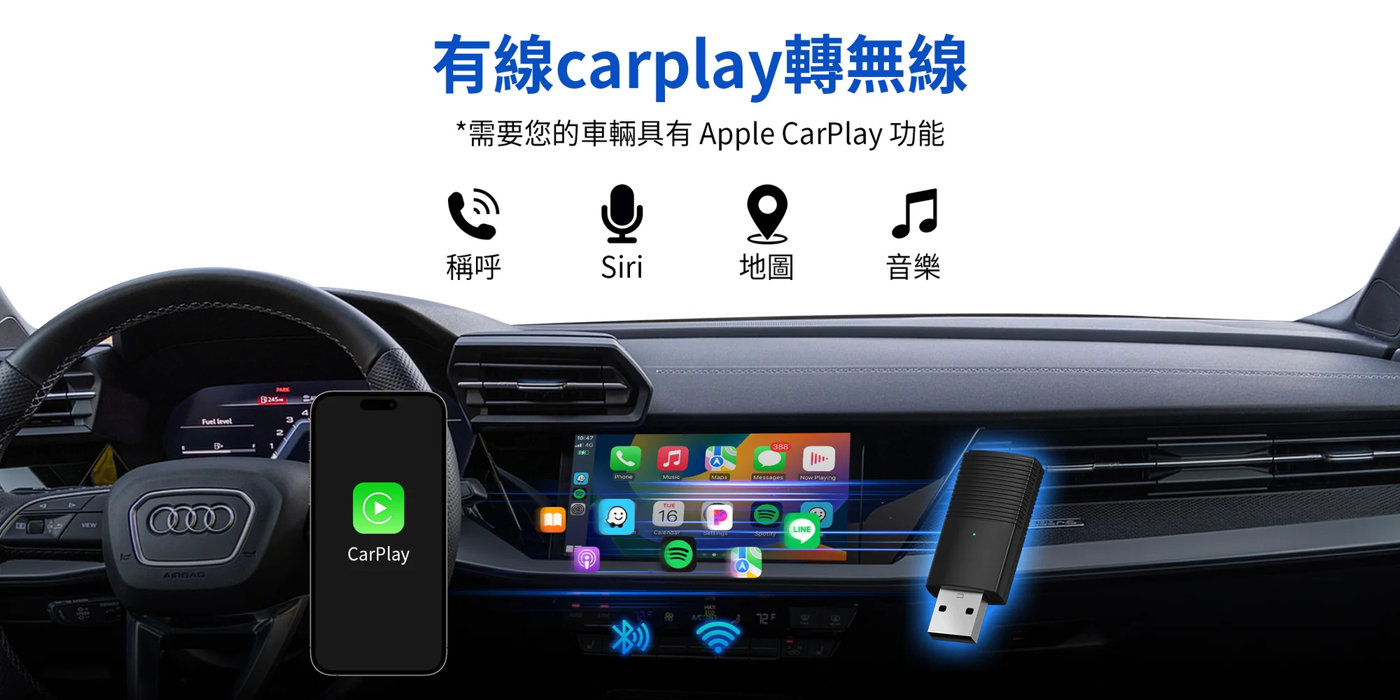 迷你車載無線CarPlay/Android Auto二合一轉接器