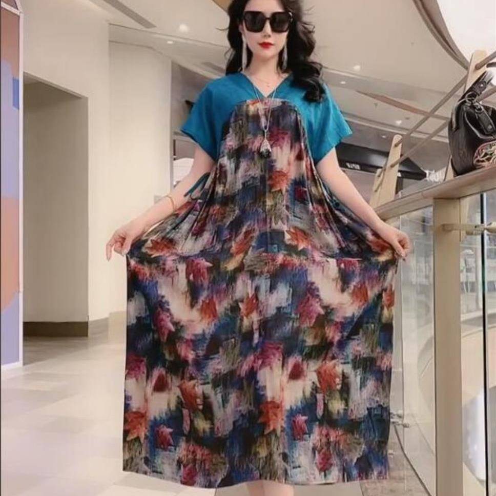 網紅爆款夏季新款寬鬆復古印花高端優雅連衣裙