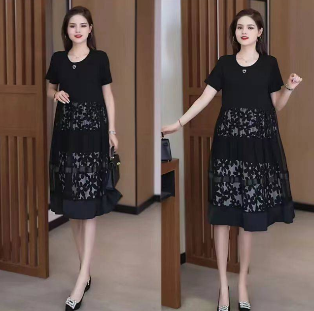 2025夏季新款時尚假兩件寬鬆遮肚網紗連衣裙